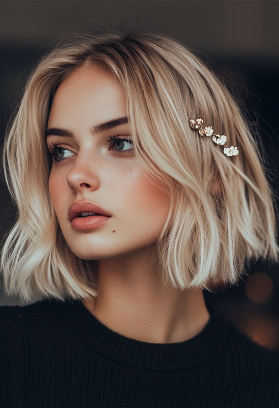 Textured Blonde Bob with Gold Accent Clip, effortless bob hairstyle, Effortless hairstyles for medium hair, Effortless hairstyles for long hair, Easy hairstyles to do yourself, Work hairstyles for medium hair, Work hairstyles for long hair