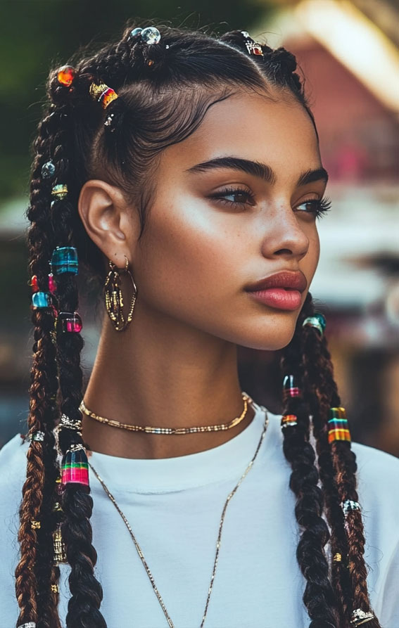 Beaded Box Braids with Colourful Accents, Cute braid hairstyles women, braids Hairstyles, easy braid hairstyles, Braid Hairstyles for girls, Quick easy braided Hairstyles for Black Hair, Long braids Hairstyles, every braid hairstyles