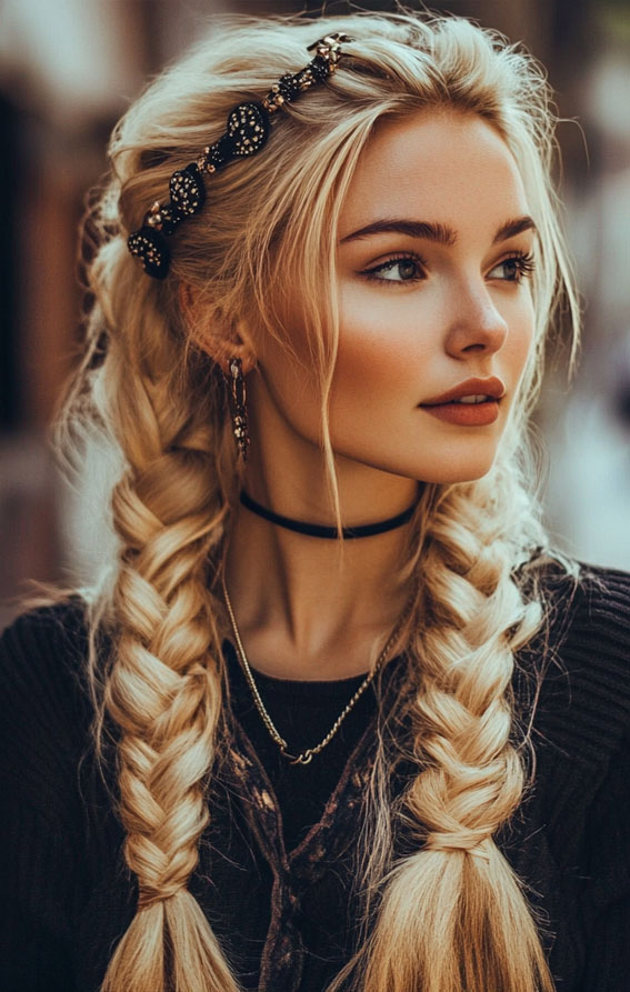 Double Dutch Braids with a Statement Headband, Cute braid hairstyles women, braids Hairstyles, easy braid hairstyles, Braid Hairstyles for girls, Quick easy braided Hairstyles for Black Hair, Long braids Hairstyles, every braid hairstyles