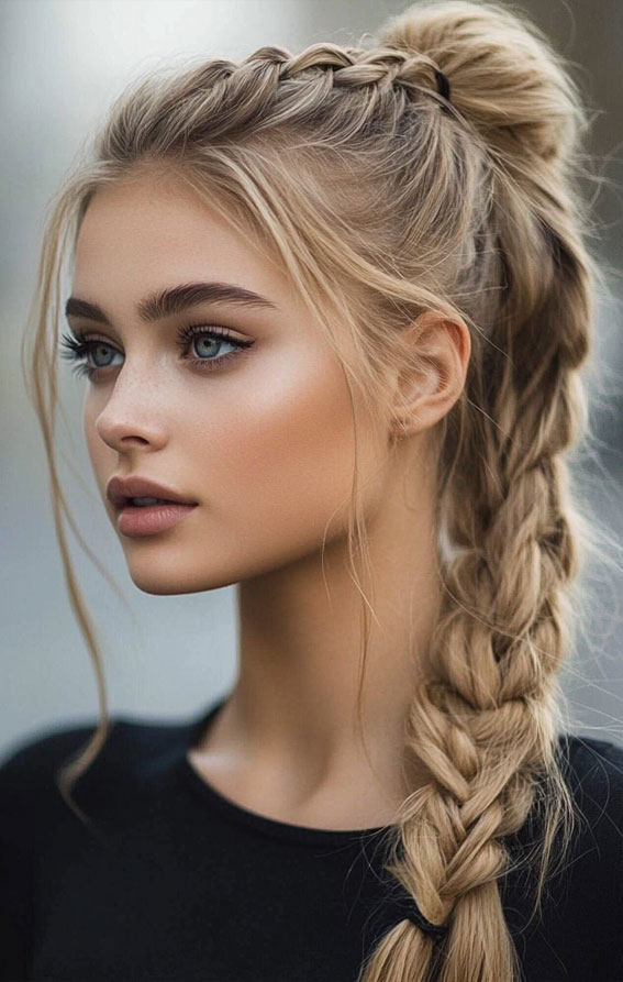 High Pony Braid with Soft Blonde Highlights, Cute braid hairstyles women, braids Hairstyles, easy braid hairstyles, Braid Hairstyles for girls, Quick easy braided Hairstyles for Black Hair, Long braids Hairstyles, every braid hairstyles