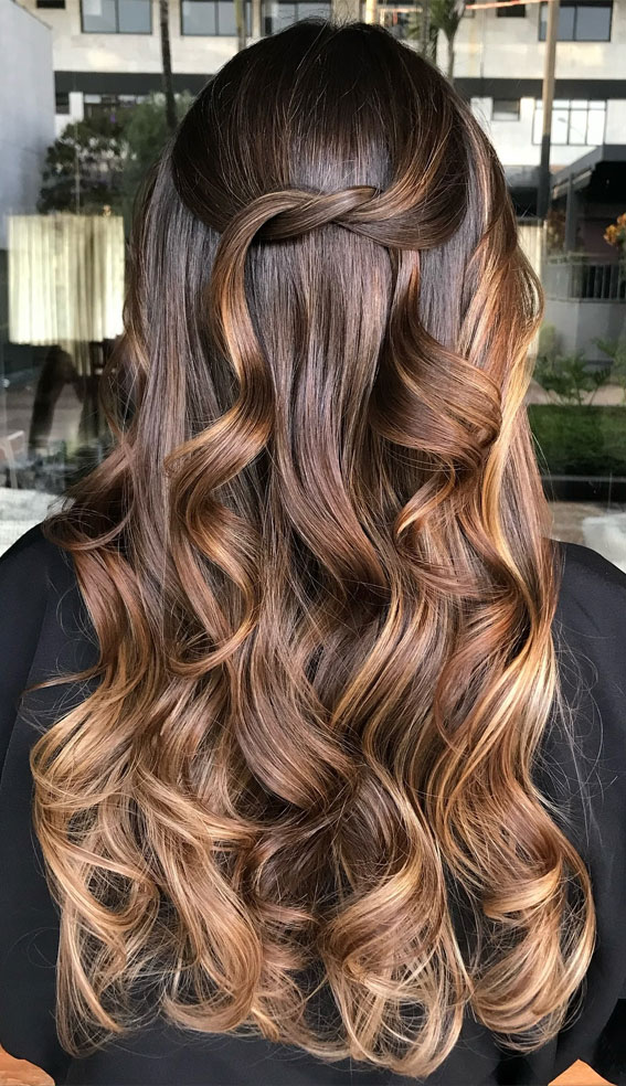 Twisted Elegance with Copper Hues, High contrast balayage on dark hair, Caramel balayage on dark brown hair,  Balayage Brown hair with blonde, Chocolate brown balayage, High contrast balayage money piece hair, High contrast Hair highlights, High contrast blonde highlights