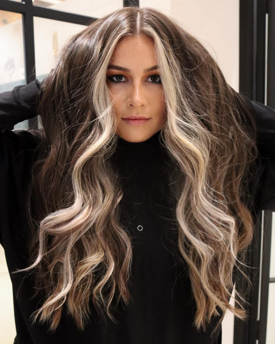 Dramatic Platinum Streaks, High contrast balayage on dark hair, Caramel balayage on dark brown hair,  Balayage Brown hair with blonde, Chocolate brown balayage, High contrast balayage money piece hair, High contrast Hair highlights, High contrast blonde highlights