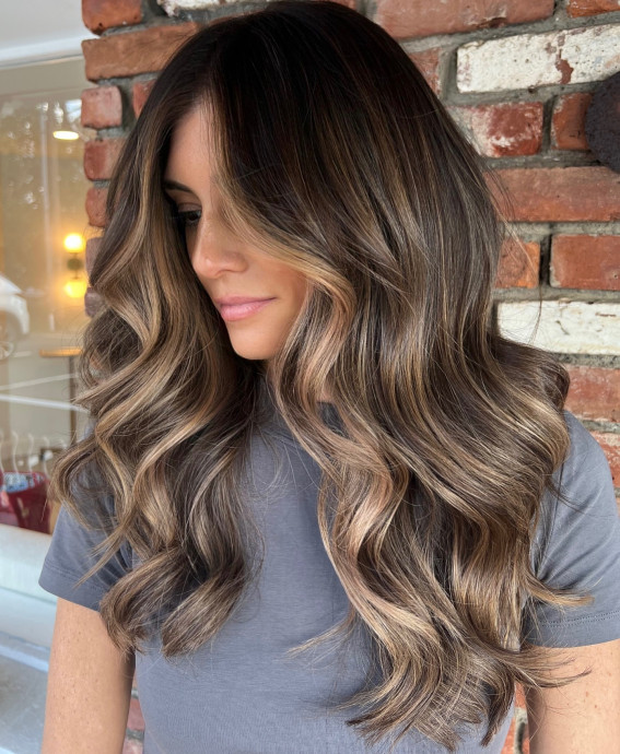 Chocolate Ash Blend, High contrast balayage on dark hair, Caramel balayage on dark brown hair,  Balayage Brown hair with blonde, Chocolate brown balayage, High contrast balayage money piece hair, High contrast Hair highlights, High contrast blonde highlights