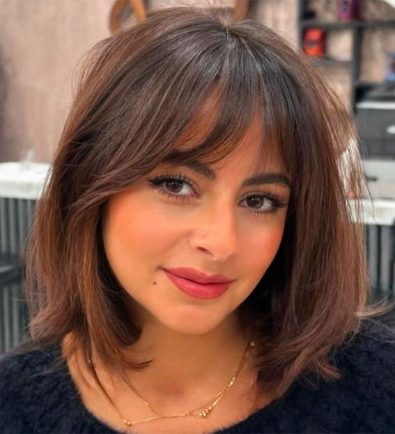 Soft Layered Lob with Curtain Bangs, Which haircut suits for round face female short hair, Which haircut suits for round face female hairstyles, slimming haircuts for chubby faces, Hairstyle for round chubby face, Layered haircut for round face, Haircut for round face female long hair, Best haircuts for round faces