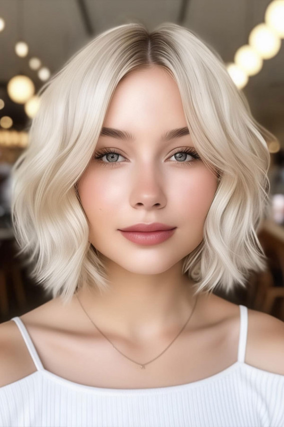 Long Bob Platinum Blonde for Round Faces, long bob blonde, Which haircut suits for round face female short hair, Which haircut suits for round face female hairstyles, slimming haircuts for chubby faces, Hairstyle for round chubby face, Layered haircut for round face, Haircut for round face female long hair, Best haircuts for round faces