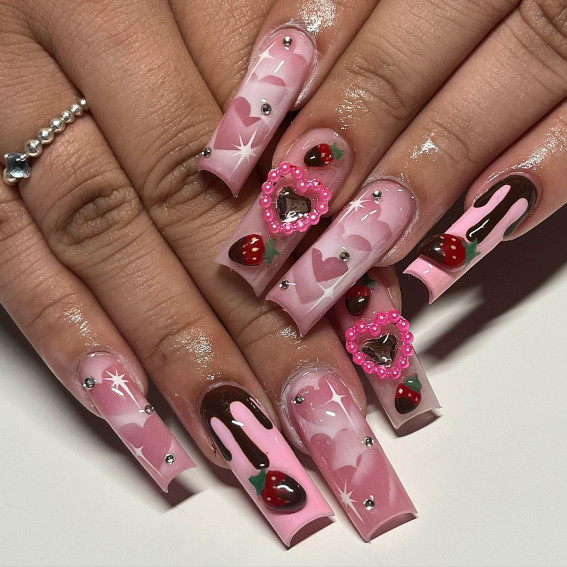 3D Pink Heart & Strawberry Delight Acrylic Nails, Valentine’s Day Nails, Valentine’s Day Nail Ideas, Valentine’s Day Nail Design