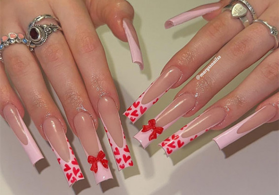 Red Bows & Red Hearts Pink Frenchies, Valentine’s Day Nails, Valentine’s Day Nail Ideas, Valentine’s Day Nail Design