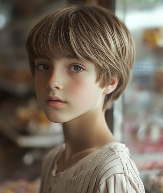 17 Medium Haircuts for School Boy : Low-Maintenance Mushroom Cut with Bangs