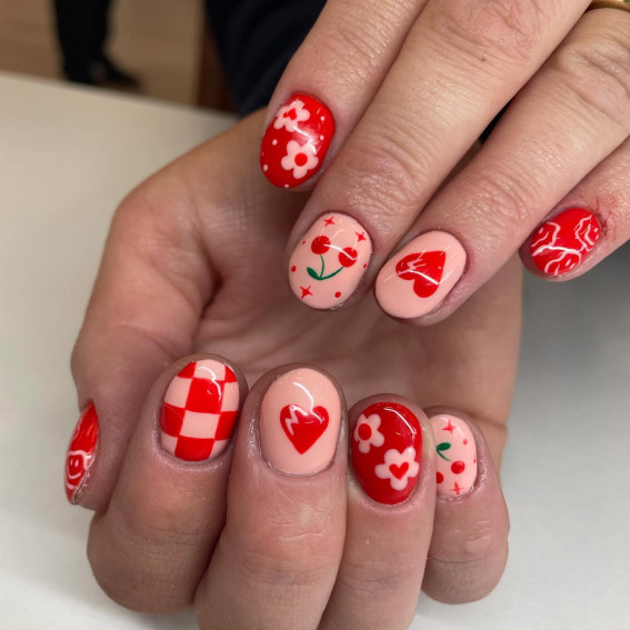 Retro-Inspired Valentine's Vibe Pattern Short Nails, Valentine’s Day Nails, Valentine’s Day Nail Ideas, Valentine’s Day Nail Design