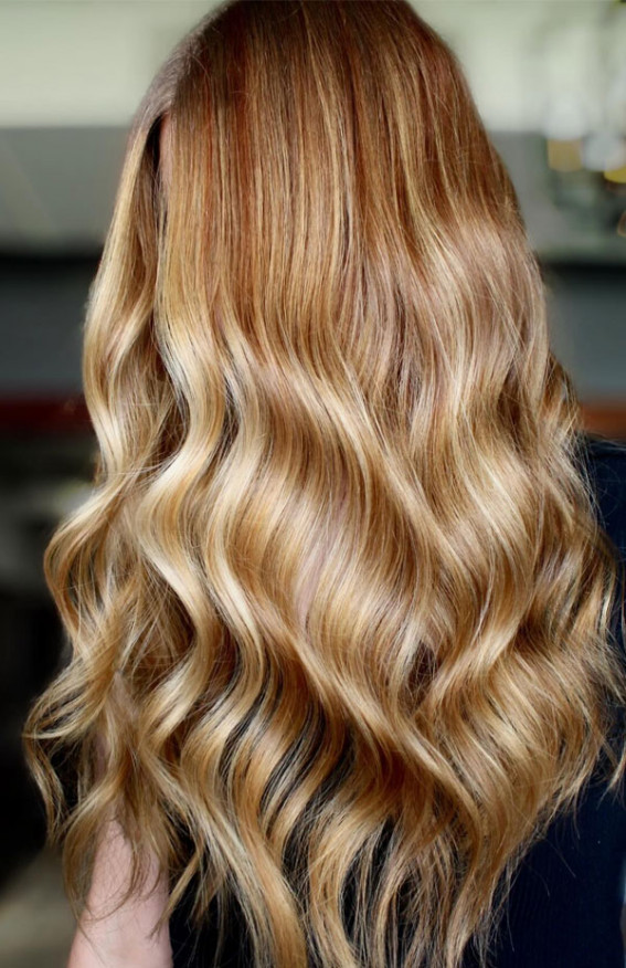 Golden Butterscotch Waves, golden blonde hair colour, warm golden blonde hair, golden blonde long hair