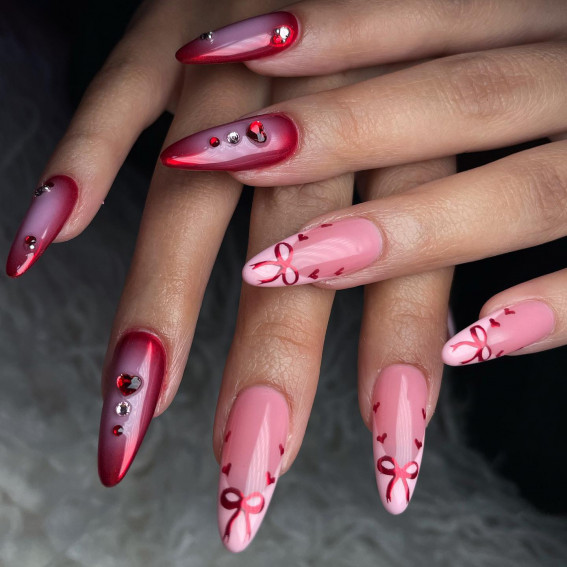 Ribbon Romance Almond Nails, Valentine’s Day Nail Ideas, Valentine’s Day Nail Design