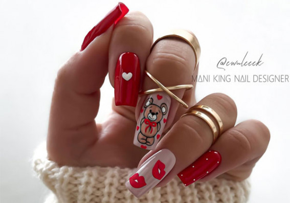 Teddy Bear Kisses, Valentine’s Day Nails, Valentine’s Day Nail Ideas, Valentine’s Day Nail Design