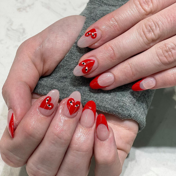 Half-Heart Glam Nails, Comme des garçons nails , Comme des garçons nails pink, Comme des garcons nail design, Comme des garcons nails blue, Comme des garcons nails french tip, Comme des garcons nails short