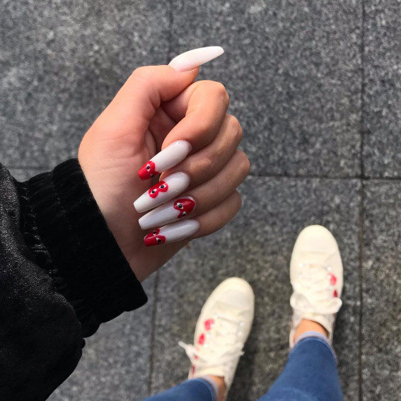 Bold Red Hearts on White Coffin Nails, Comme des garçons nails , Comme des garçons nails pink, Comme des garcons nail design, Comme des garcons nails blue, Comme des garcons nails french tip, Comme des garcons nails short