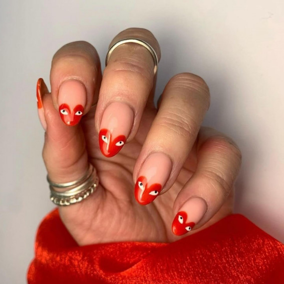 Playful Red Heart Frenchies, Comme des garçons nails , Comme des garçons nails pink, Comme des garçons nail design, Comme des garçons nails blue, Comme des garçons nails french tip, Comme des garçons nails short