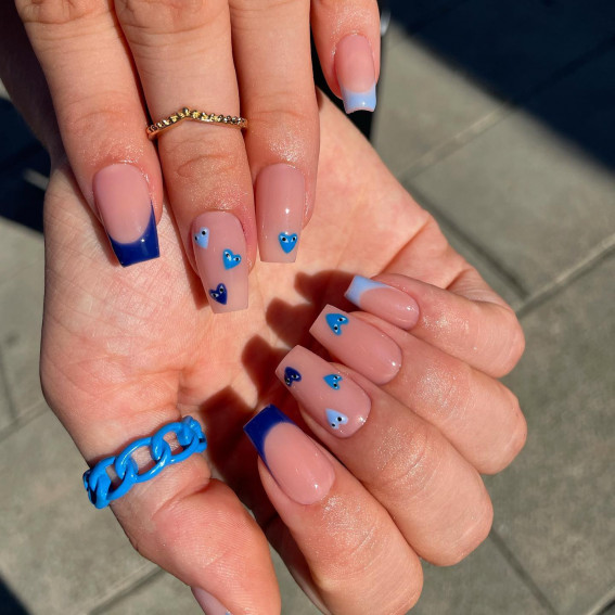 Cool Blue Hearts and Tips, Minimalist comme des garcons nails, comme des garçons nails , Comme des garçons nails pink, Comme des garcons nail design, Comme des garcons nails blue, Comme des garcons nails french tip