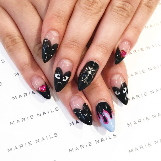 Edgy Black Hearts with a Fiery Twist, black comme des garcons nails, comme des garçons nails , Comme des garçons nails pink, Comme des garcons nail design, Comme des garcons nails blue, Comme des garcons nails french tip