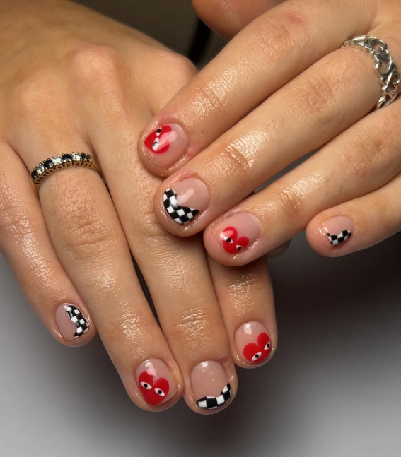 Checkerboard & Comme des Garcons Nails, comme des garçons nails , Comme des garçons nails pink, Comme des garcons nail design, Comme des garcons nails blue, Comme des garcons nails french tip, Comme des garcons nails short