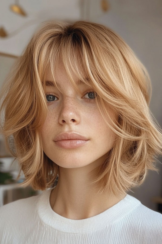 Soft Layered Golden Blonde Bob with Fringe, golden blonde hair colour, warm golden blonde hair, golden blonde bob