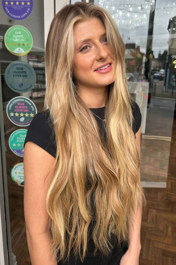 Golden Sandy Blonde with Textured Length, golden blonde hair colour, warm golden blonde hair, golden blonde long hair