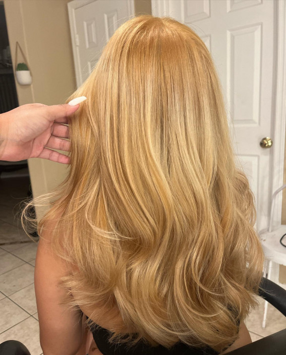 Golden Sun-Kissed Blonde with Flowing Layers, golden blonde hair colour, warm golden blonde hair, golden blonde long hair