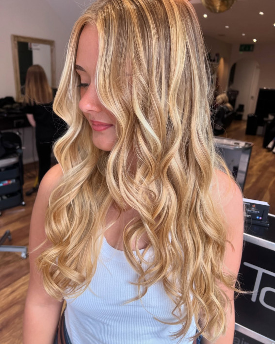 Golden Blonde Balayage with Cascading Curls, golden blonde hair colour, warm golden blonde hair, golden blonde long hair