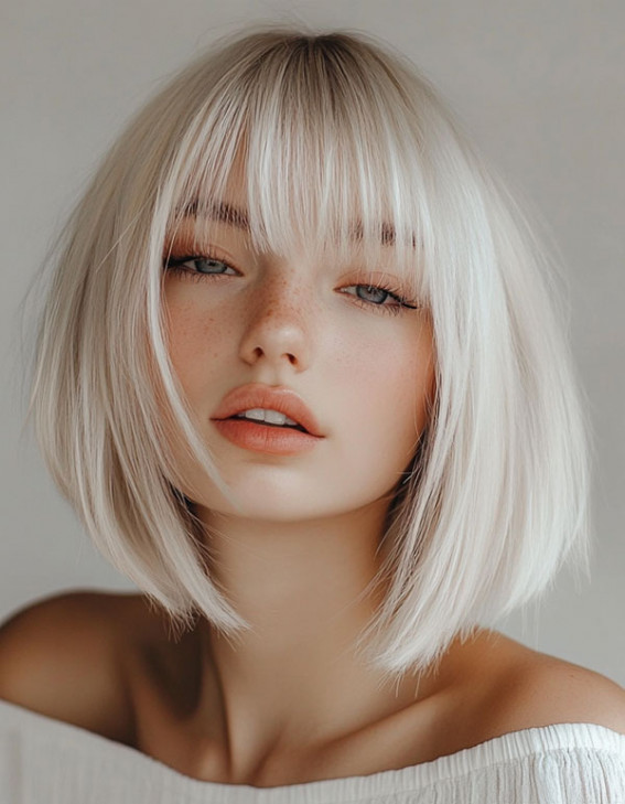 Icy Blonde Bob with Wispy Fringe, Which haircut suits for round face female short hair, Which haircut suits for round face female hairstyles, slimming haircuts for chubby faces, Hairstyle for round chubby face, Layered haircut for round face, Haircut for round face female long hair, Best haircuts for round faces