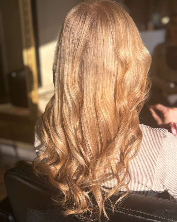 Golden Strawberry Blonde with Romantic Curls, golden blonde hair colour, warm golden blonde hair, golden blonde long hair