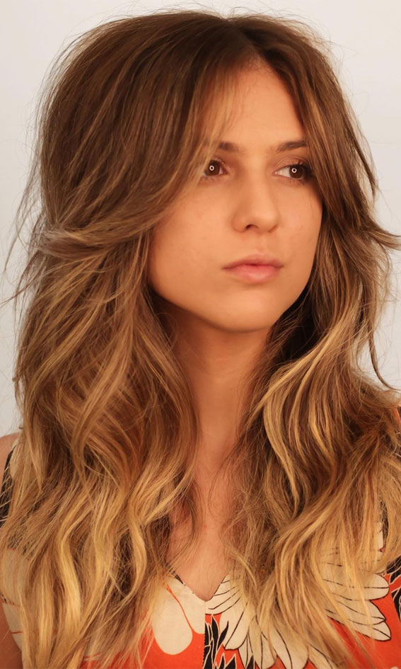 Cute Haircuts And Hairstyles With Bangs : Voluminous Beach Waves with Curtain Bangs